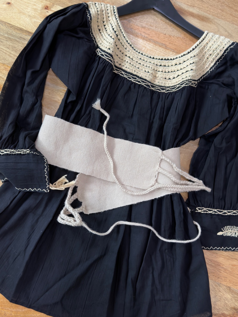 Handmade Black Blouse with Gold Embroidered Details and Belt